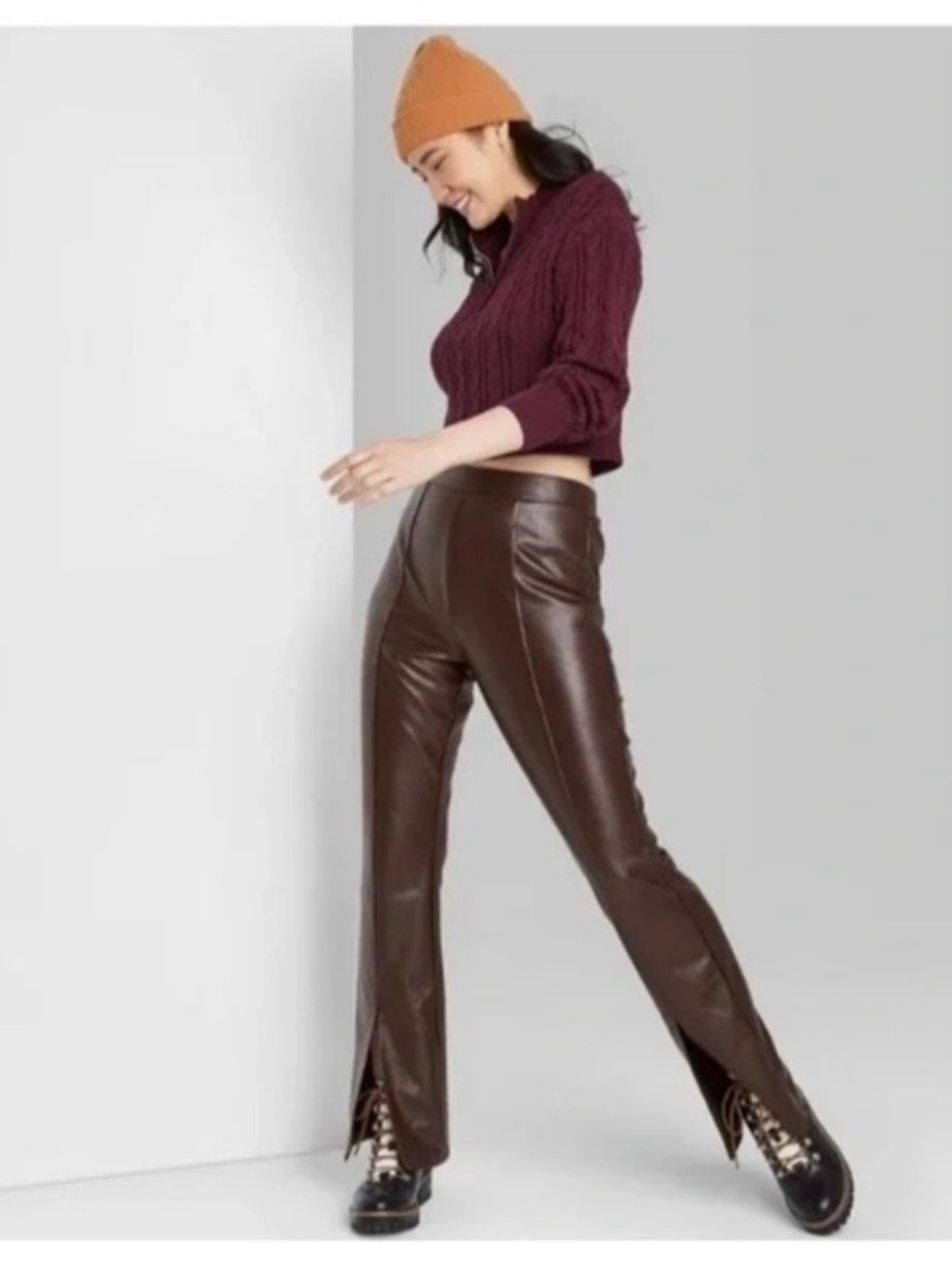 wild fable Dark Brown Faux Leather Straight-Leg Pants